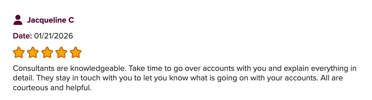 Five-star review from Jacqueline C, dated 01/21/2026: says the consultants are knowledgeable, go over accounts in detail, stay in touch with updates, and are courteous and helpful.