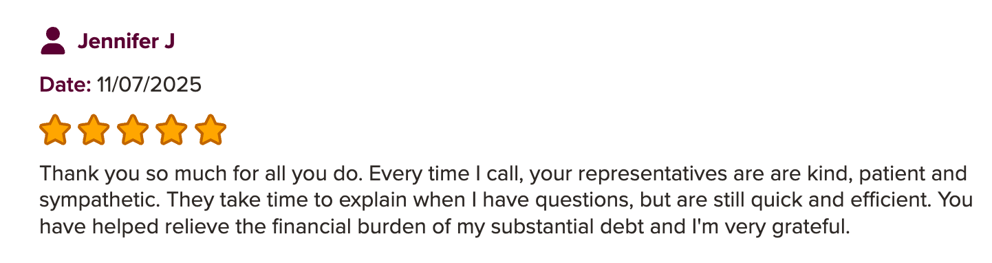 Five-star review from Jennifer J, dated 11/07/2025: thanks the representatives for being kind, patient and sympathetic, explaining questions clearly, and helping relieve the financial burden of substantial debt.